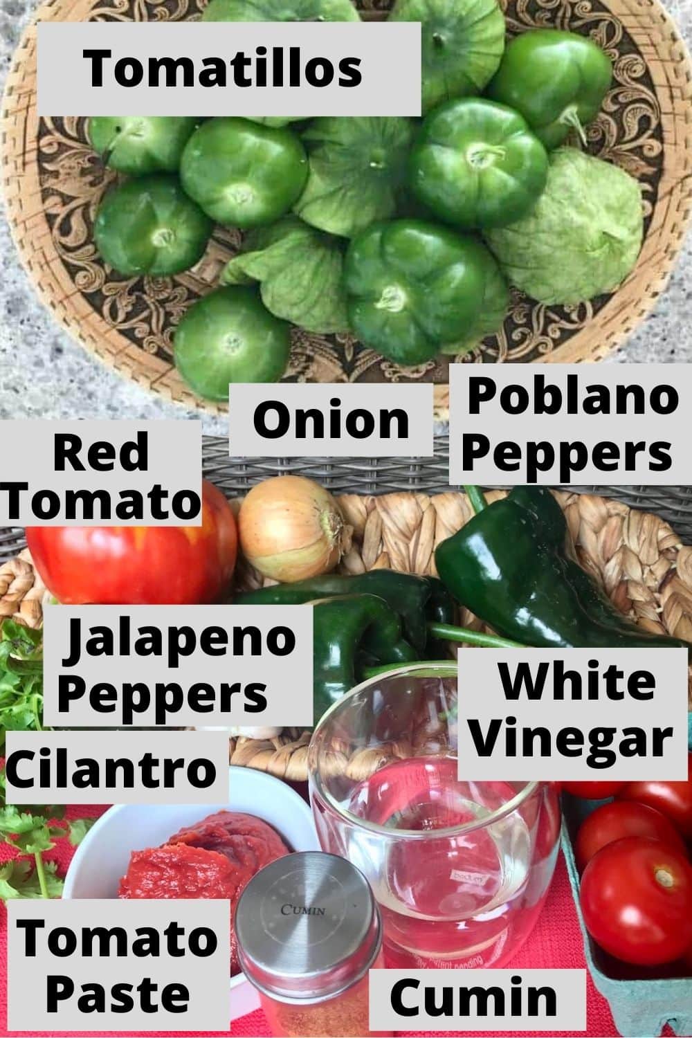 Tomatillos, tomatoes, peppers, vinegar, tomato paste and onion ingredients for freezer salsa with text overlay.