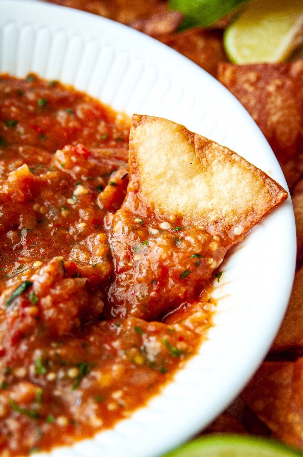 Homemade freezer salsa with tortilla chip. 