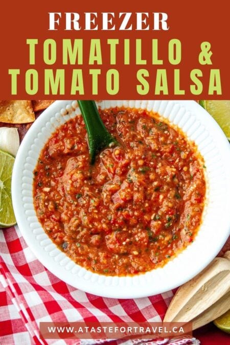 Overhead shot of freezer salsa in a white bowl with text overlap Tomatillo and Tomato Salsa