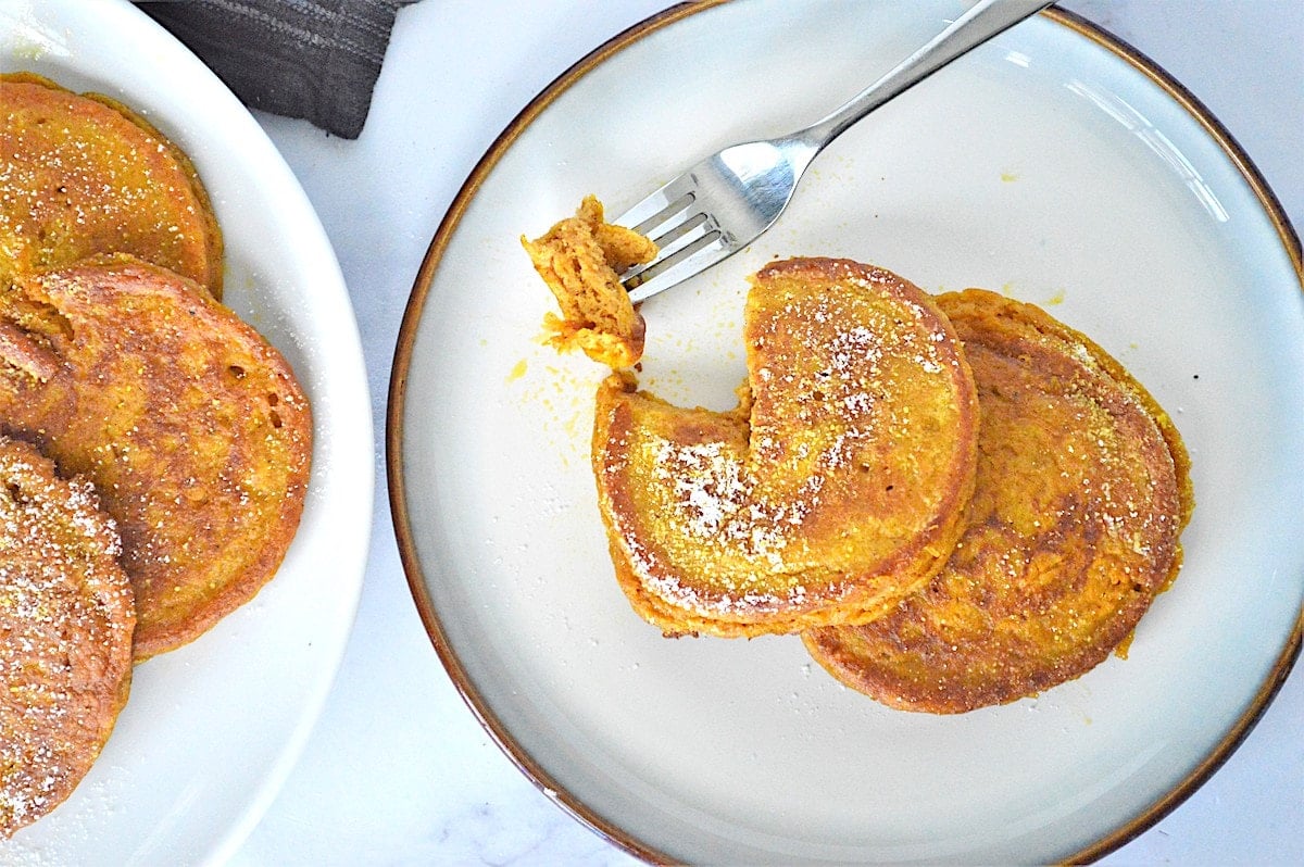 Pumpkin Pancakes with fork.