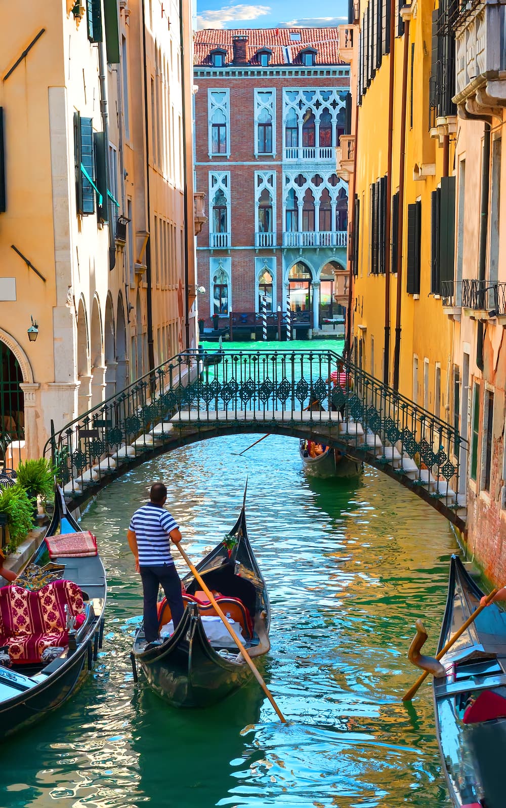 View of a gondola on a canal in Venice. 