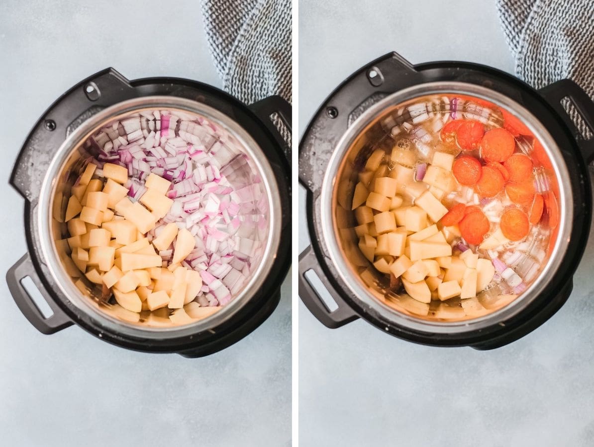 Collage of onions, potato, carrots and garlic inside an instant pot. 