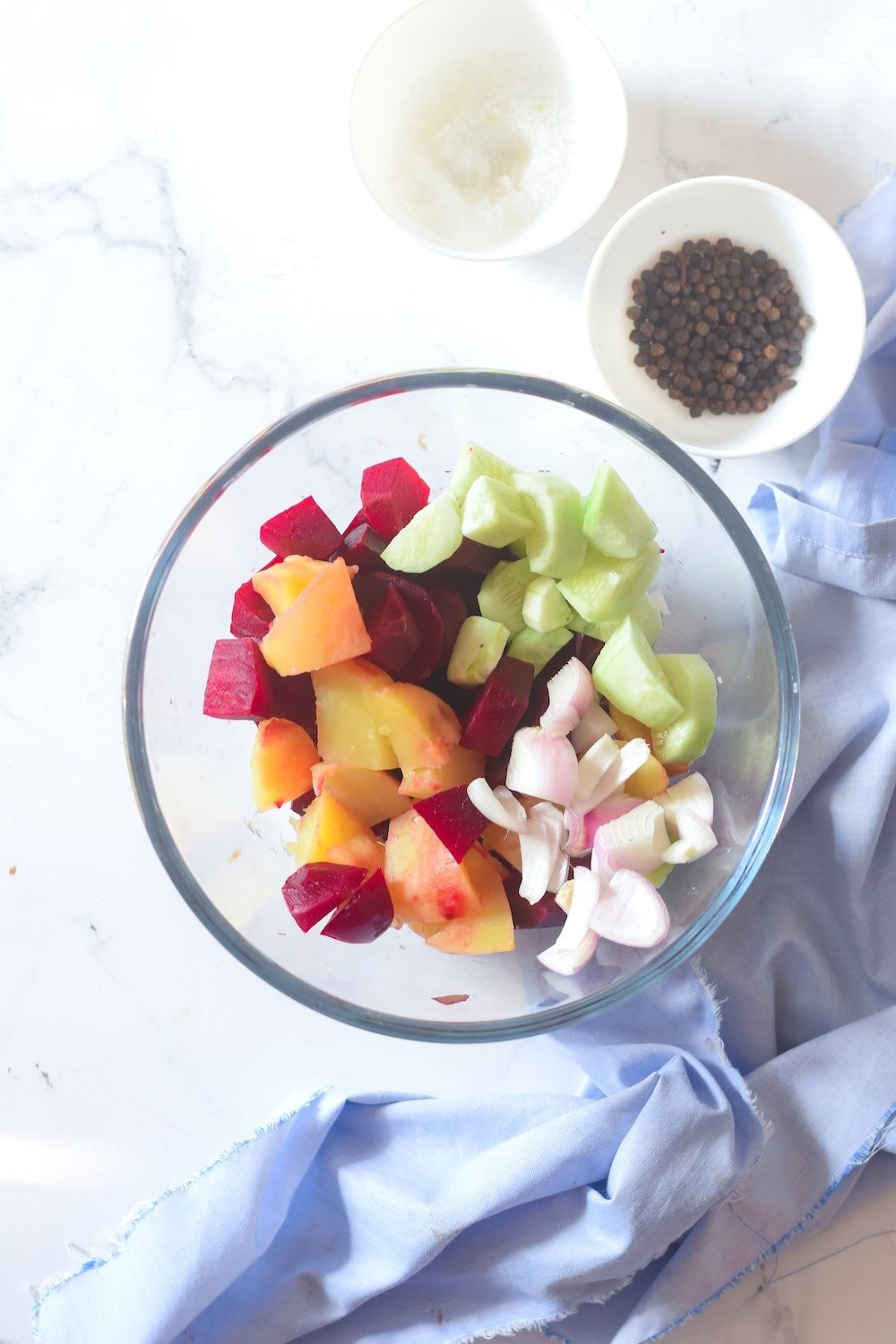 Chopped vegetables for beet gazpacho.