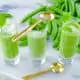 Chilled pea soup shooters with gold spoons.
