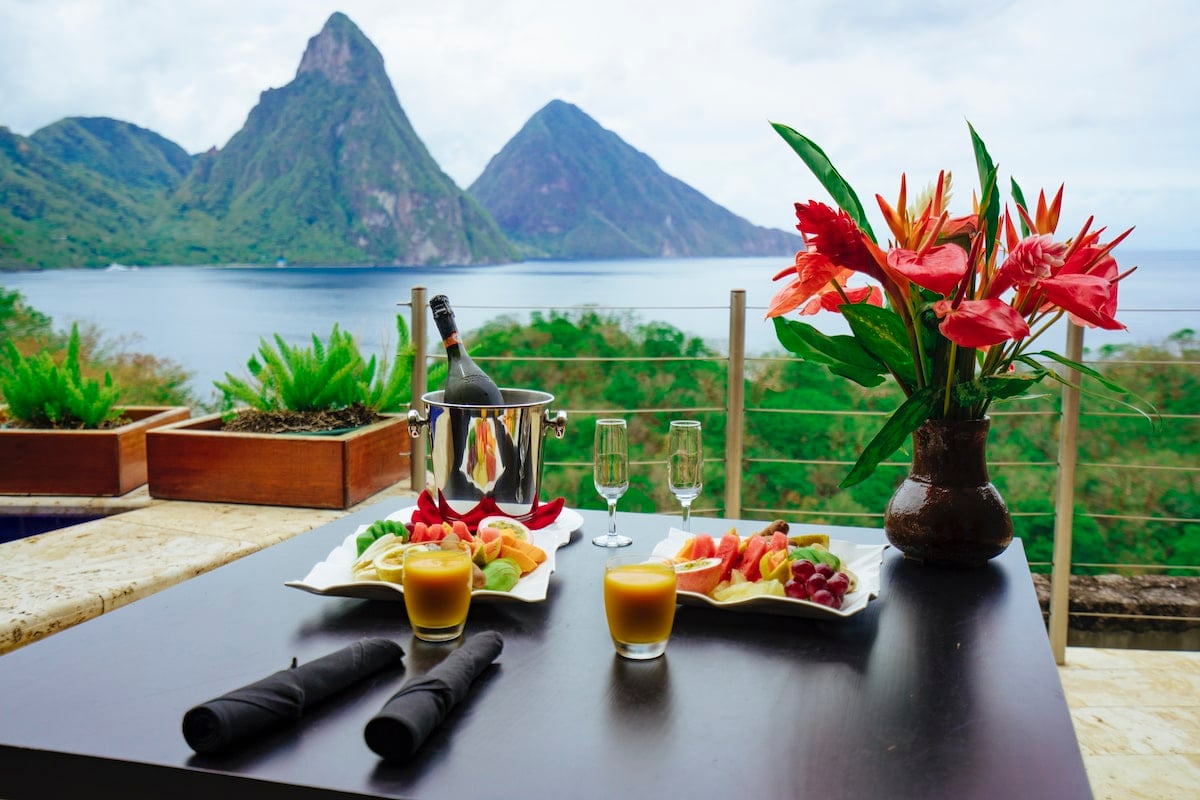 Fine dining with a view of piton mountain and sea in Saint Lucia. Credit Saint Lucia Tourism Authority