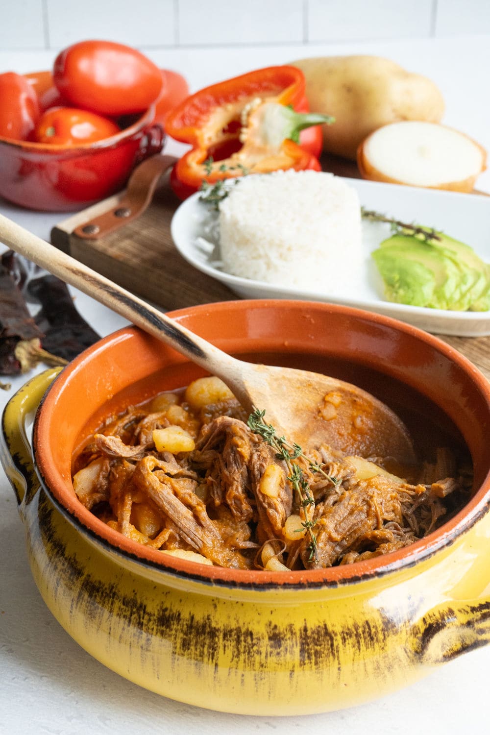 A traditional Guatemalan hilachas stew in a yellow bowl. tew in a yellow bowl.