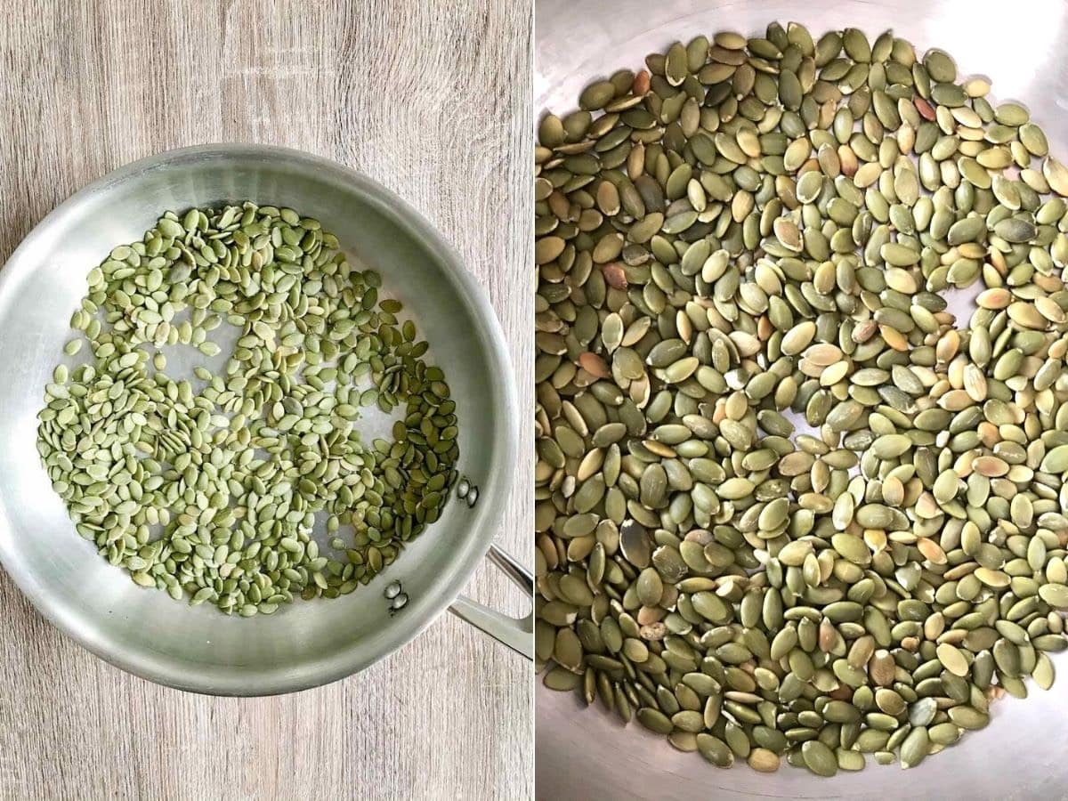 Pan toasting pepitas ( pumpkin seeds) in a skillet.