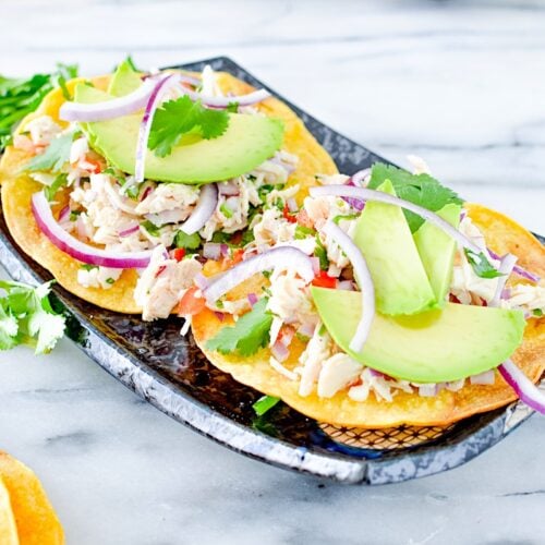 Salpicón de Pollo served on a crispy tostada.