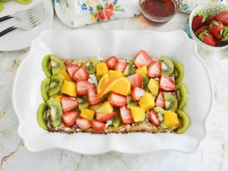Guatemalan bread pudding in a white dish.