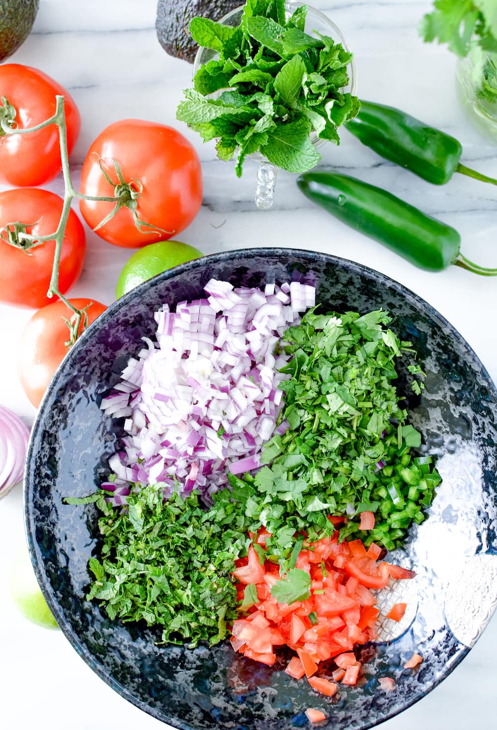 Chopped tomato, cilantro, radish, onion and mint in a bowl.