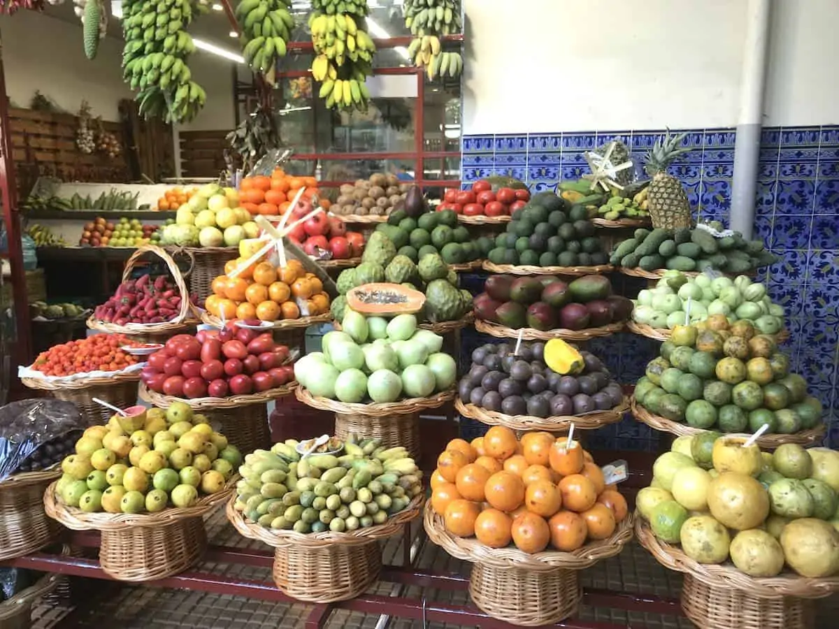 Portuguese cuisine relies on fresh produce and seafood such s this fruit market in Madeira. 