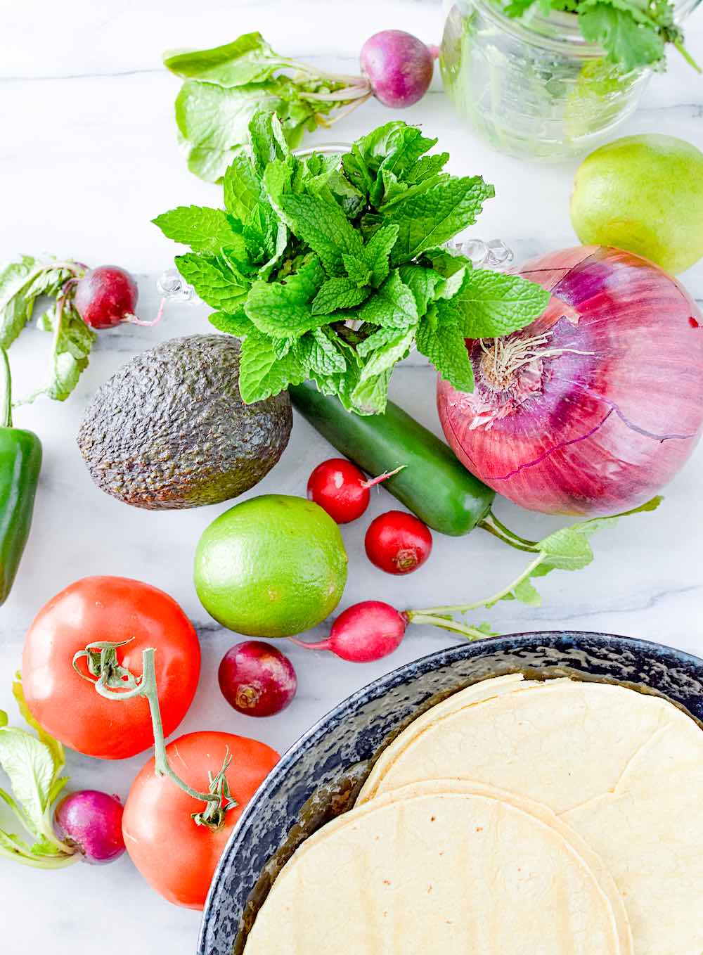 Overhead shot of ingredients for salpicon de pollo including onion, tomato, radishes, jalapeno, mint and cilantro.