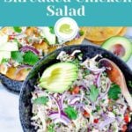 Mexican chicken salpicon in a bowl with text overlay for Pinterest.