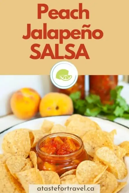 Peach salsa in a bowl with tortilla chips with text overlay of Peach Jalapeno Salsa for Pinterest. 