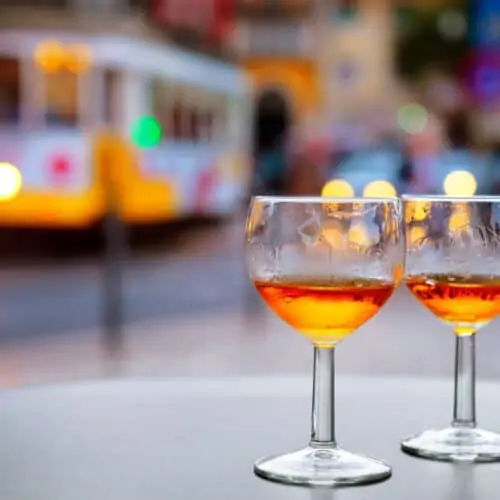 Port wine glasses at outdoor cafe of Lisbon, Portugal