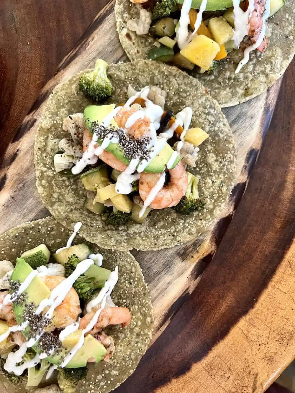 Three tacos of amaranth and moringa at La Olita in Puerto Escondido.