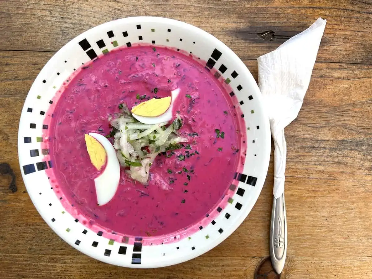 A bowl of chilled beet soup at Casa de Pierogi in Puerto Escondido.