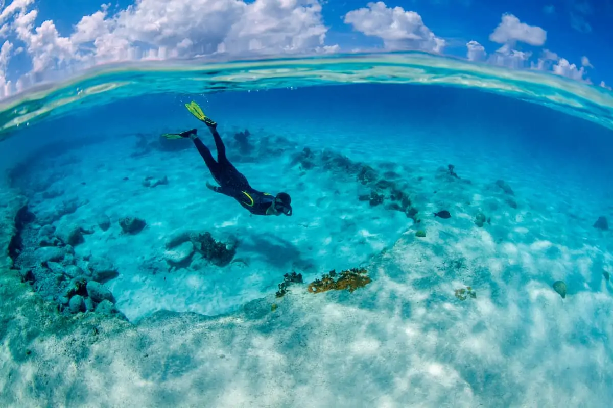 Person diving off a reef near a diving hotel on Bonaire.