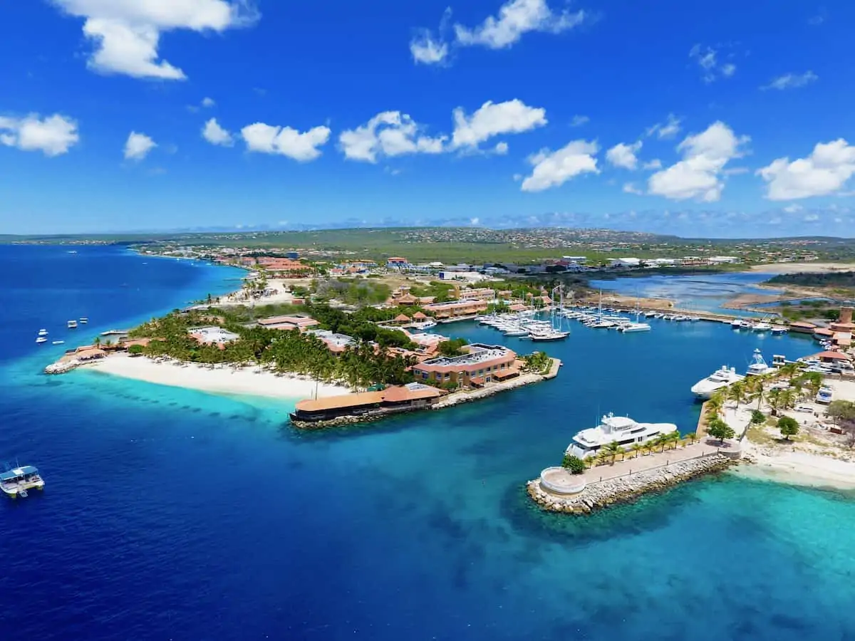 Aerial view of Harbour Village Beach Resort on the island of Bonaire.