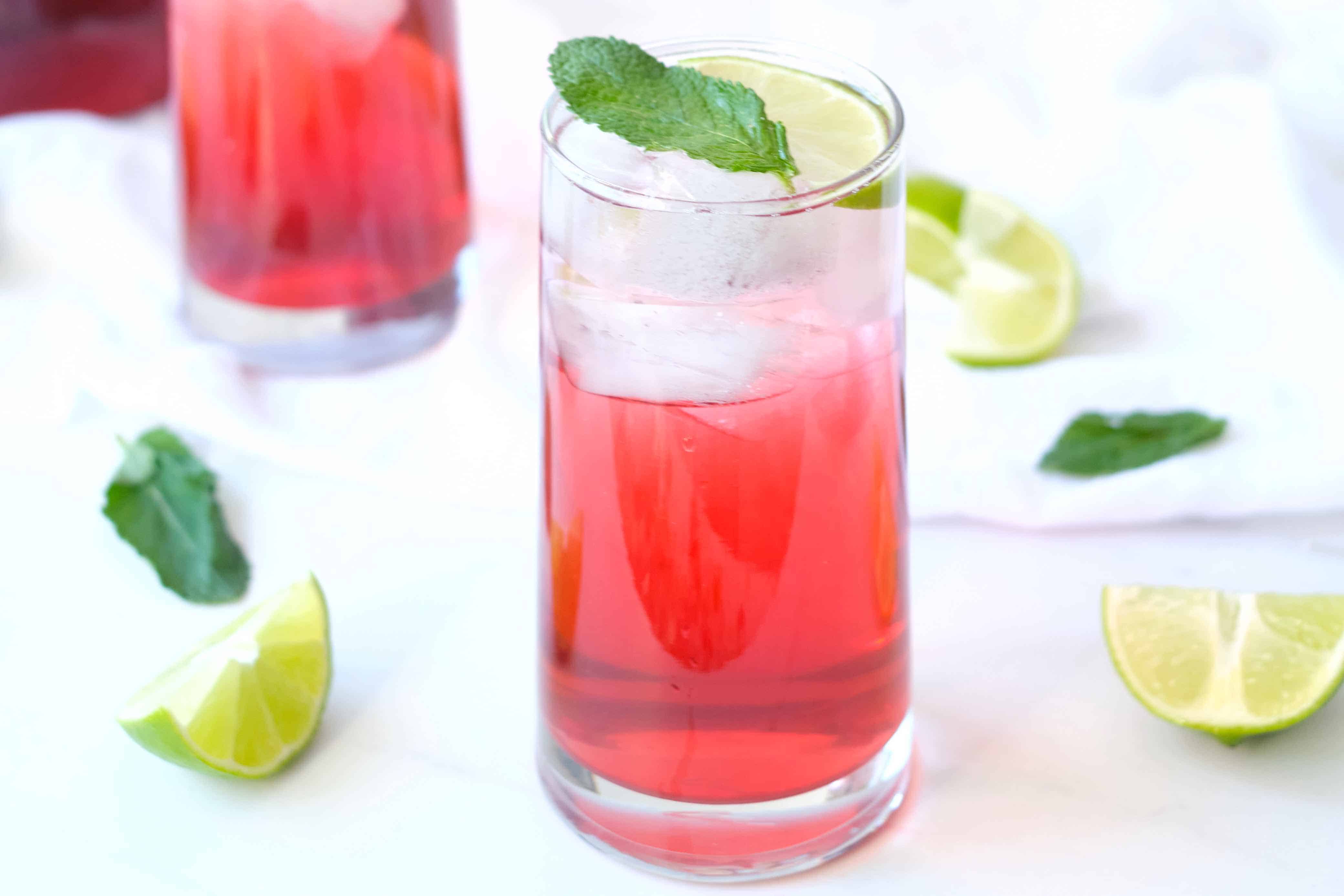 Two glasses of cold brew iced hibiscus tea.