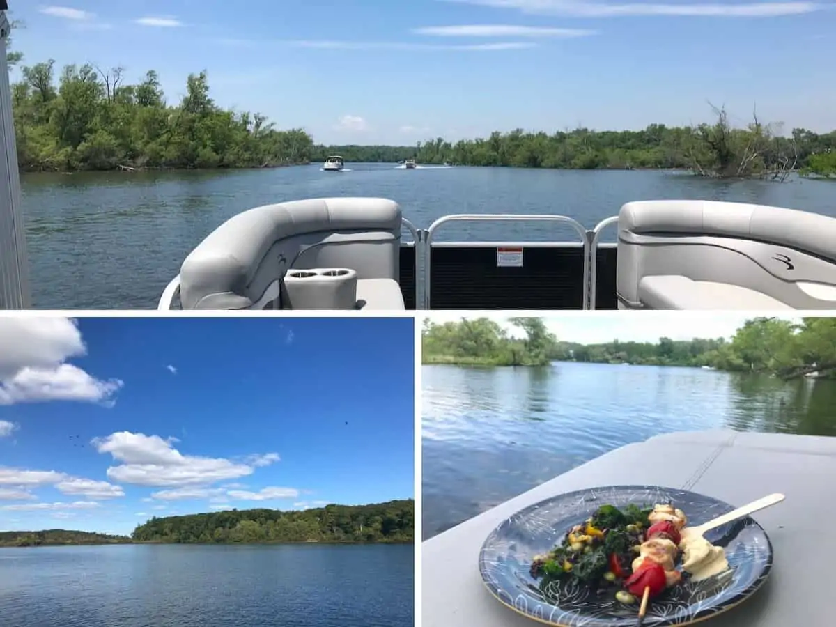 A Bennington pontoon boat on Rice Lake with food. 