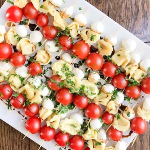 A tray of tortellini skewer appetizers to take on a boat.