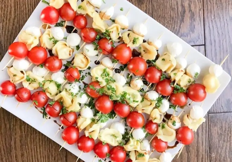 A tray of tortellini skewer appetizers to take on a boat.