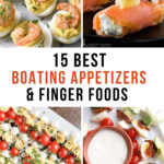 Collage of boating snacks and finger foods such as salmon rolls, skewers and deviled eggs for Pinterest. with