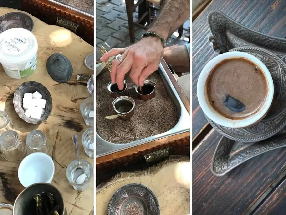 Collage showing how to make sand coffee in Turkey.