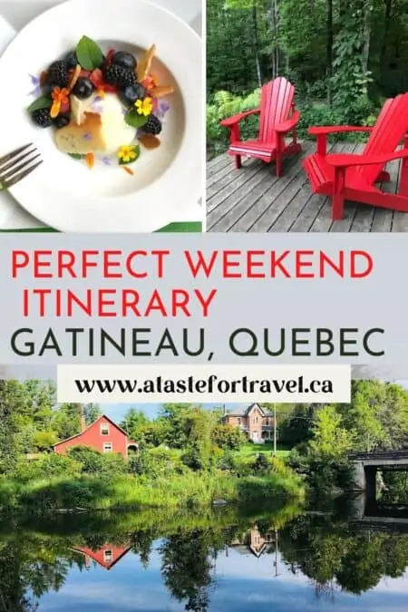 Collage of food, lounge chair and river in Gatineau Quebec for Pinterest. 