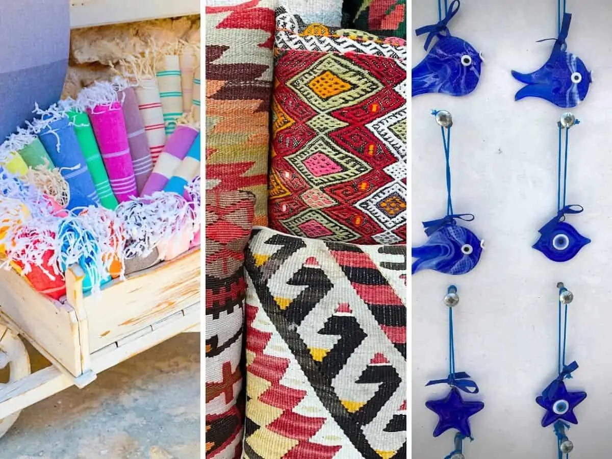 Collage of woven pillow, Turkish towels and blown glass souvenirs in Turkey.