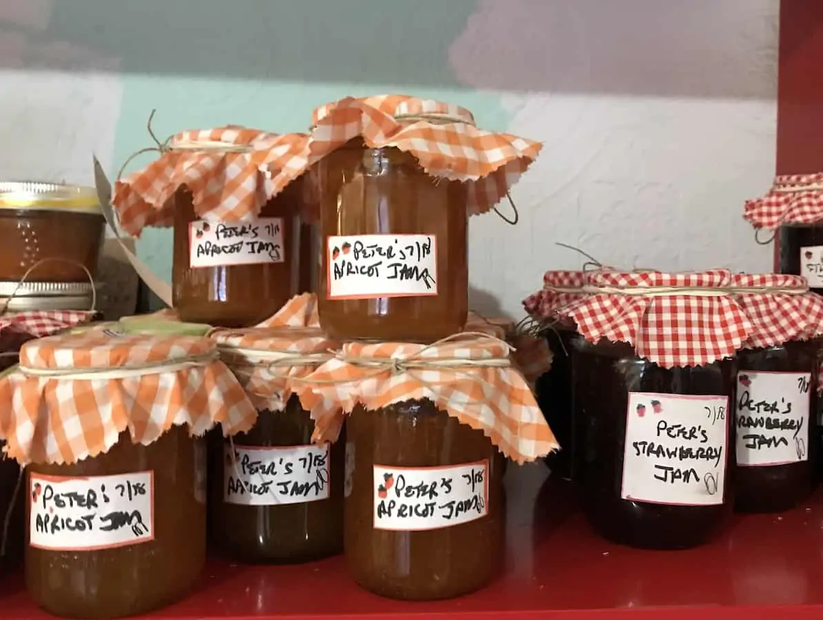 A row of jars of locally made jams in Gatineau Quebec. 