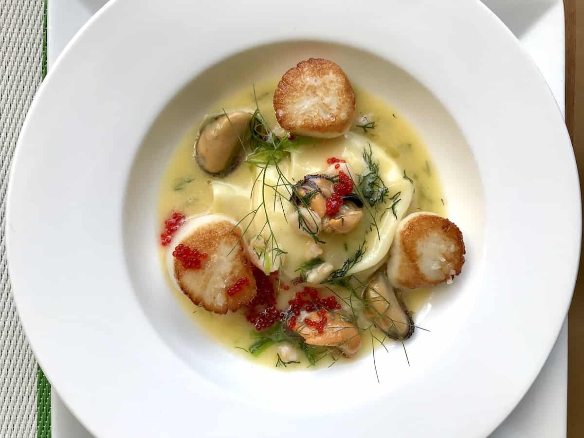 Scallops in a dish called Mouth of the St. Lawrence at Les Fougeres restaurant in Chelsea, Quebec..