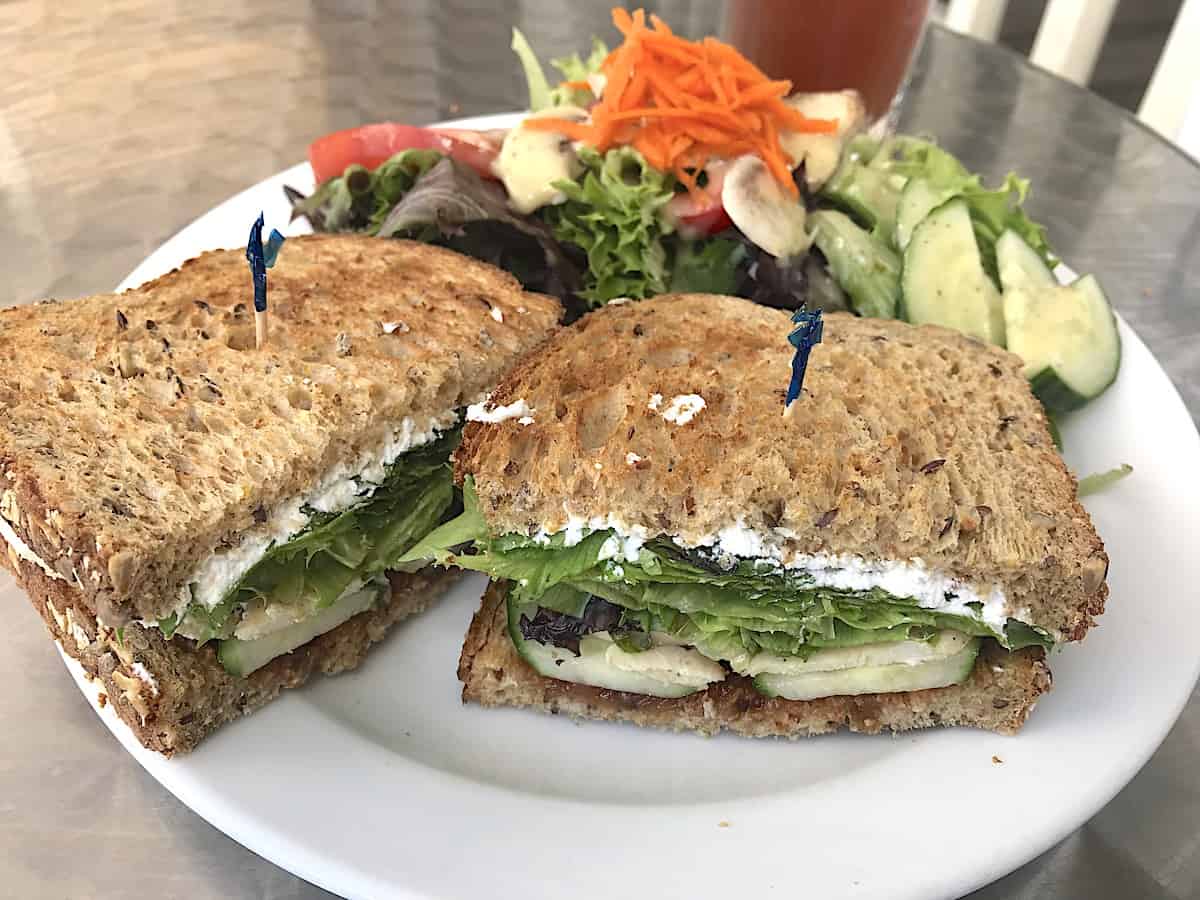 Chicken goat cheese and rhubarb chutney sandwich at Nutty Bean Cafe.