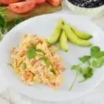 Scrambled eggs with tomato and onions on a white plate.