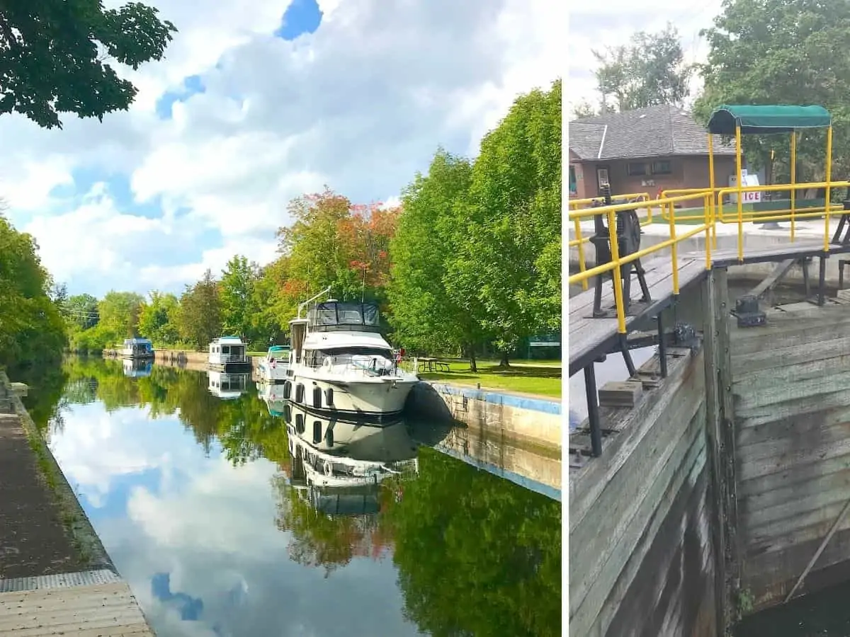 Collage of boats at Lock 26 in Lakefield Ontario.