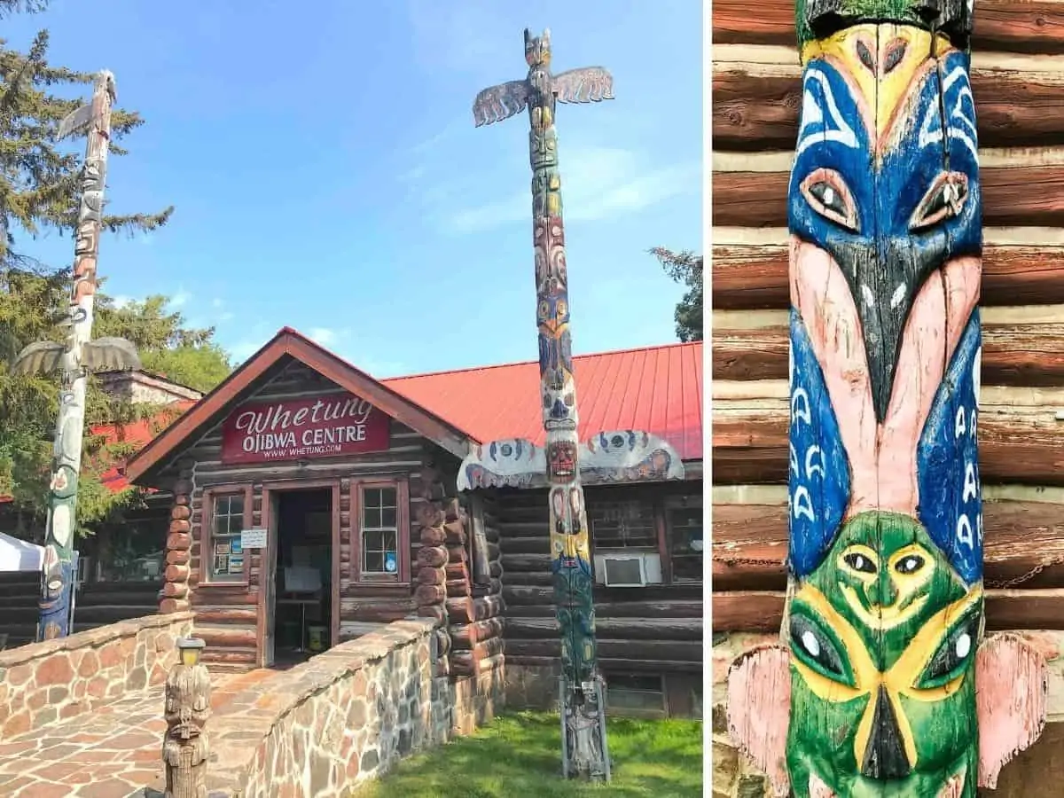 Collage of a totem and Whetung Ojibwa Centre.