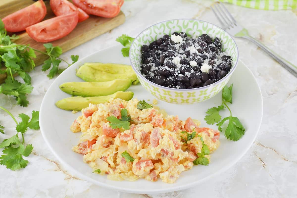 Scrambled eggs with tomato landscape with black beans.