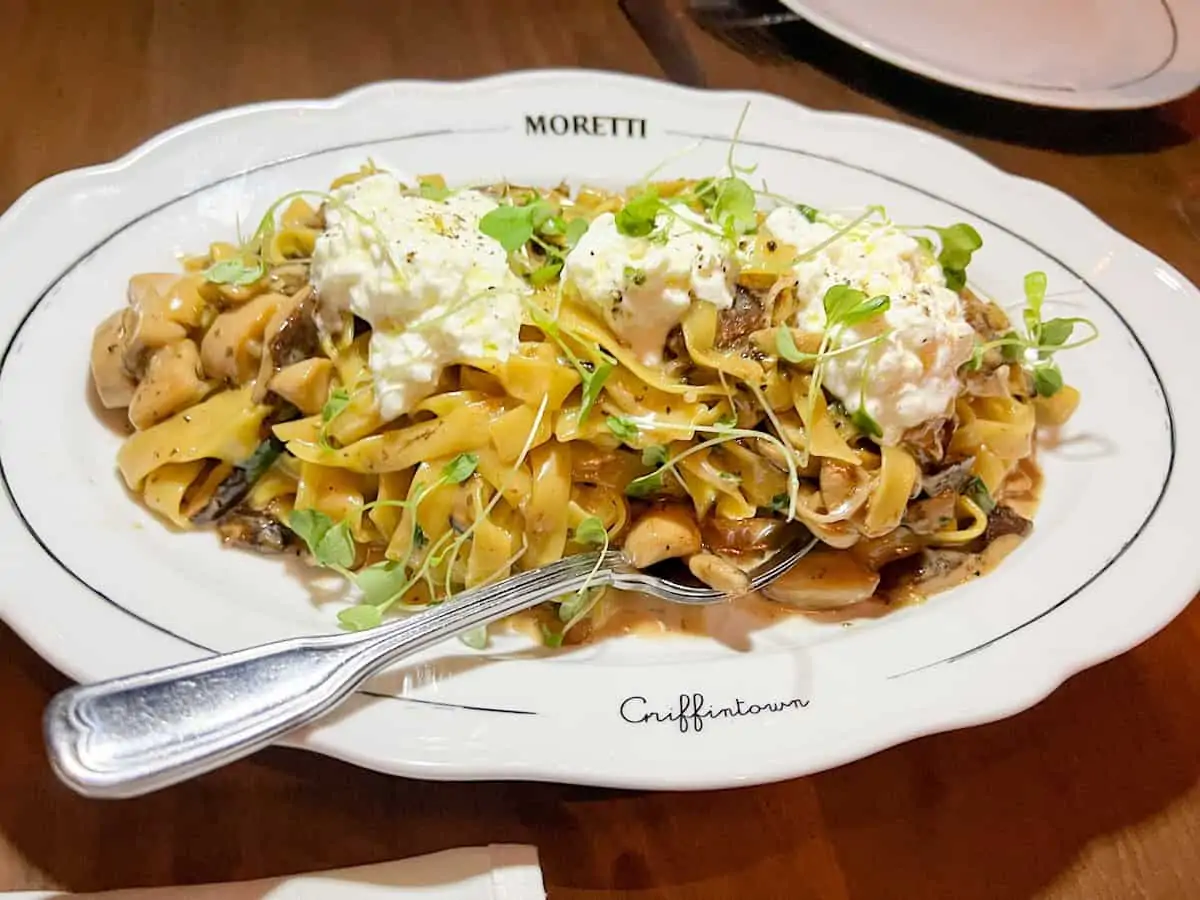 Pasta in a white dish at Moretti Restaurant. 