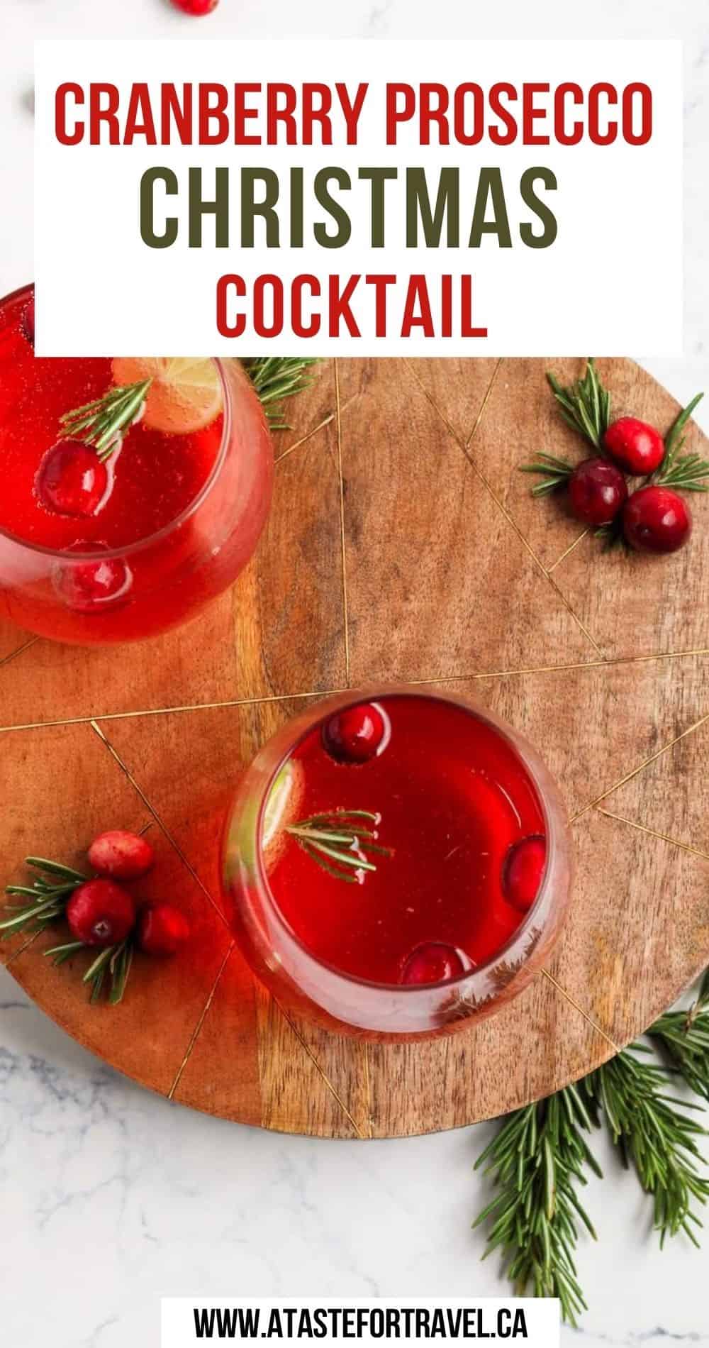 Text overlay of cranberry prosecco cocktail with image of a cocktail for Pinterest. 