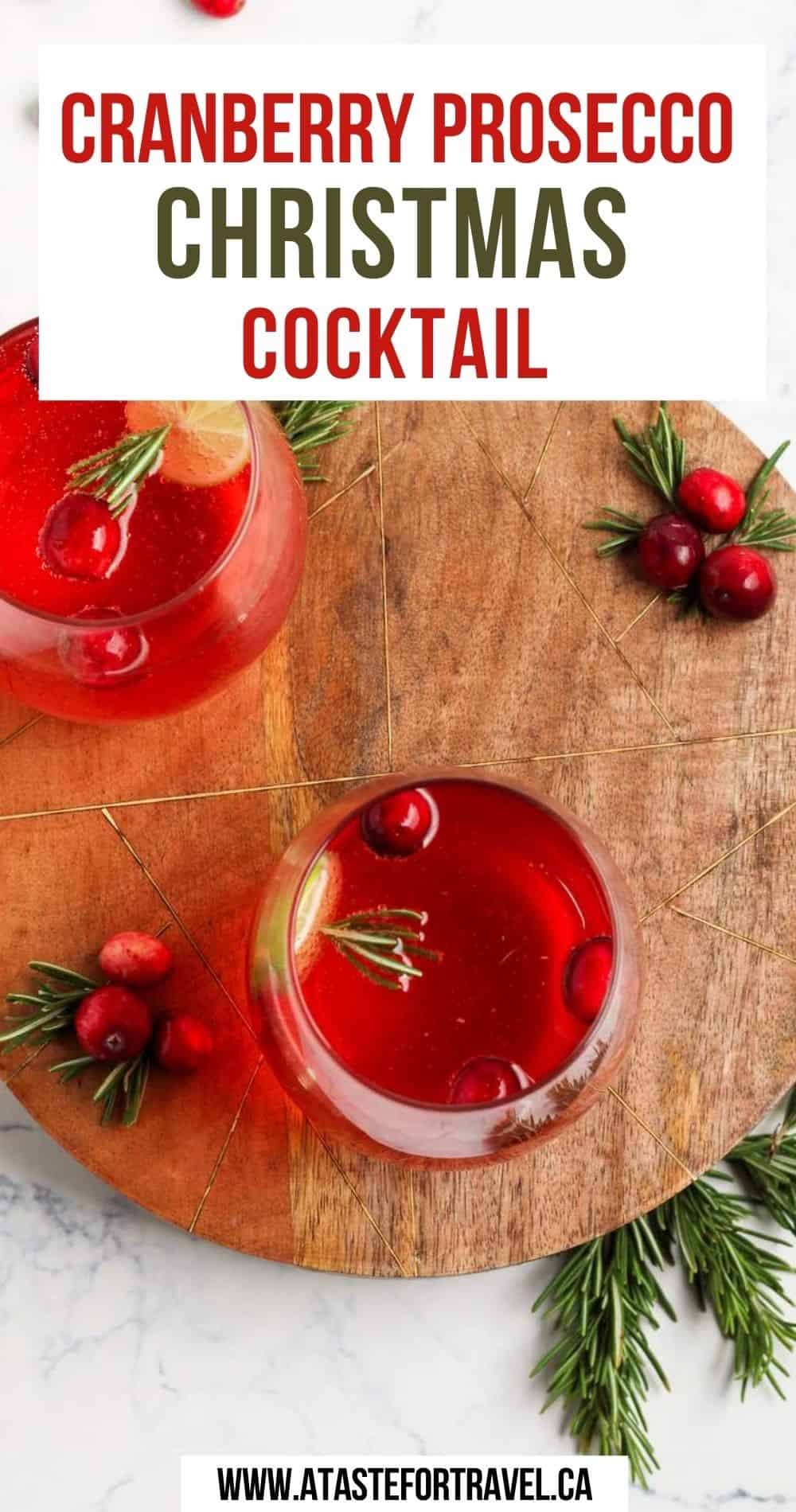 Text overlay of cranberry prosecco cocktail with image of a cocktail for Pinterest. 