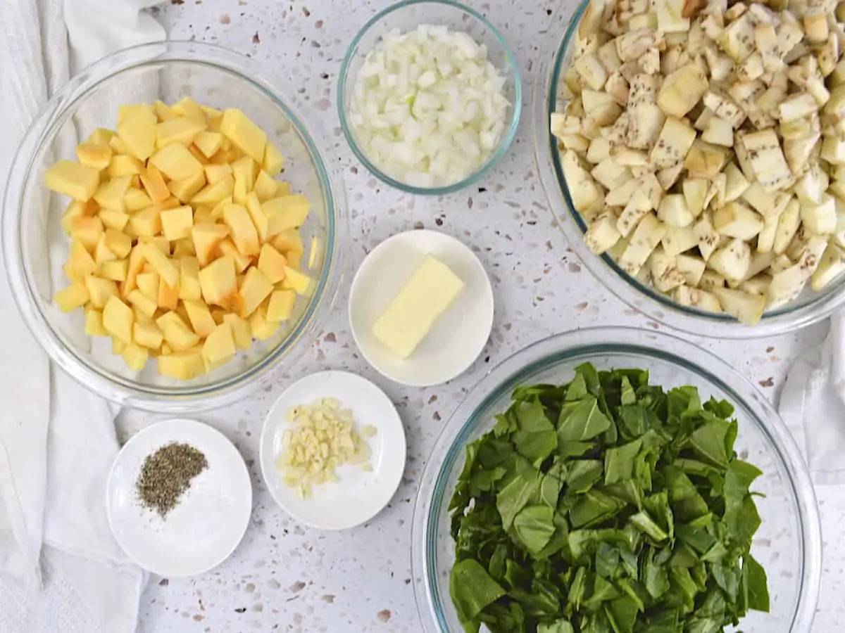 Ingredients for chop-up include pumpkin, eggplant, onion, garlic, butter and spinach also known as callaloo. 