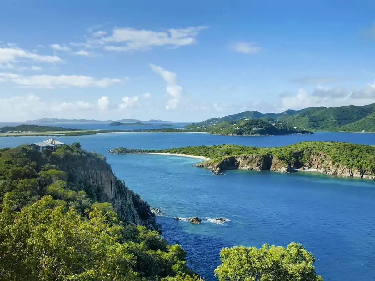 Panoramic view from Views of Great Camanoe Island to Little Camanoe Island, Tortola and Beef Island on British Virgin Islands, Caribbean.