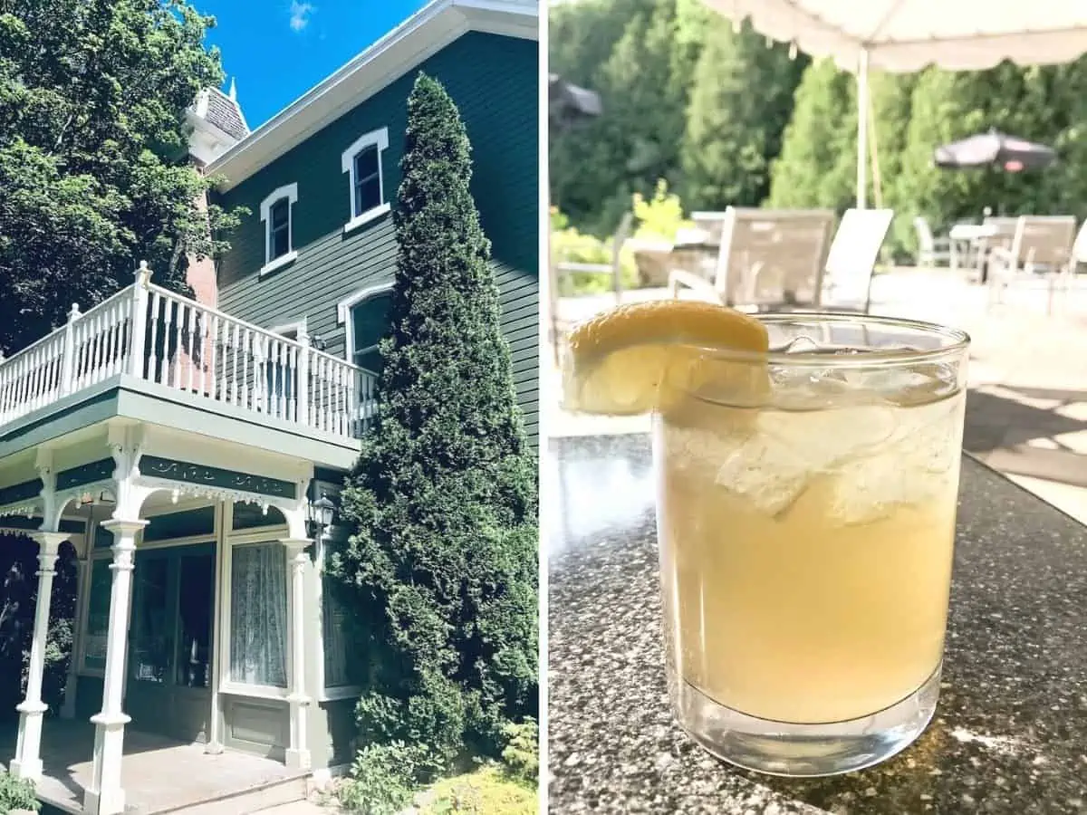 Collage of Millcroft Inn Chamomile Bee Cocktail and a historic building.