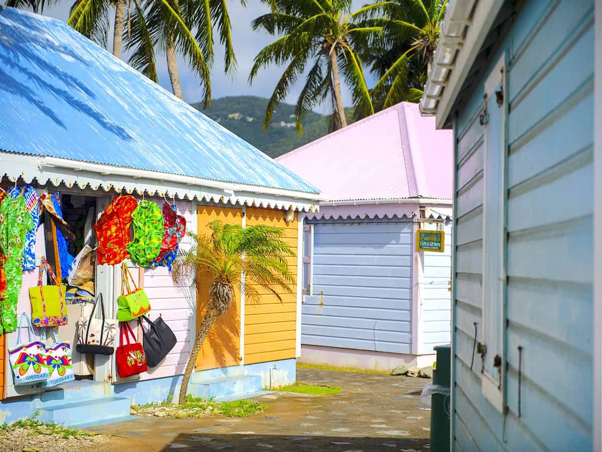 Colourful huts at Craft's Alive Village in British Virgin Islands.