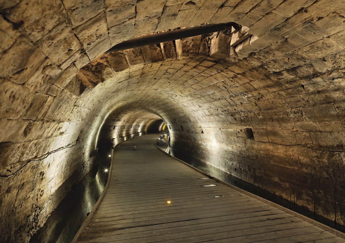 Interior of Templar Tunnel in Acco, Israel.