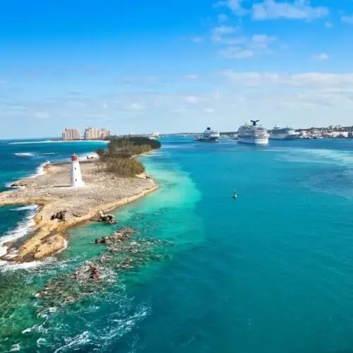 View of cruise port and Paradise Island Nassau Bahamas.