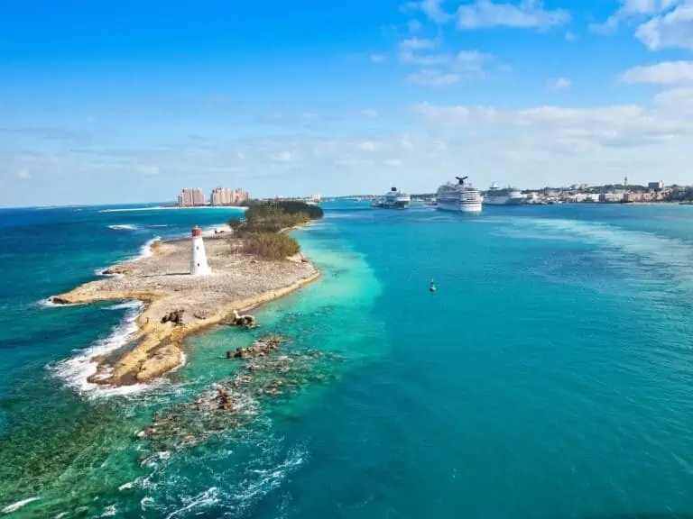 View of cruise port and Paradise Island Nassau Bahamas.