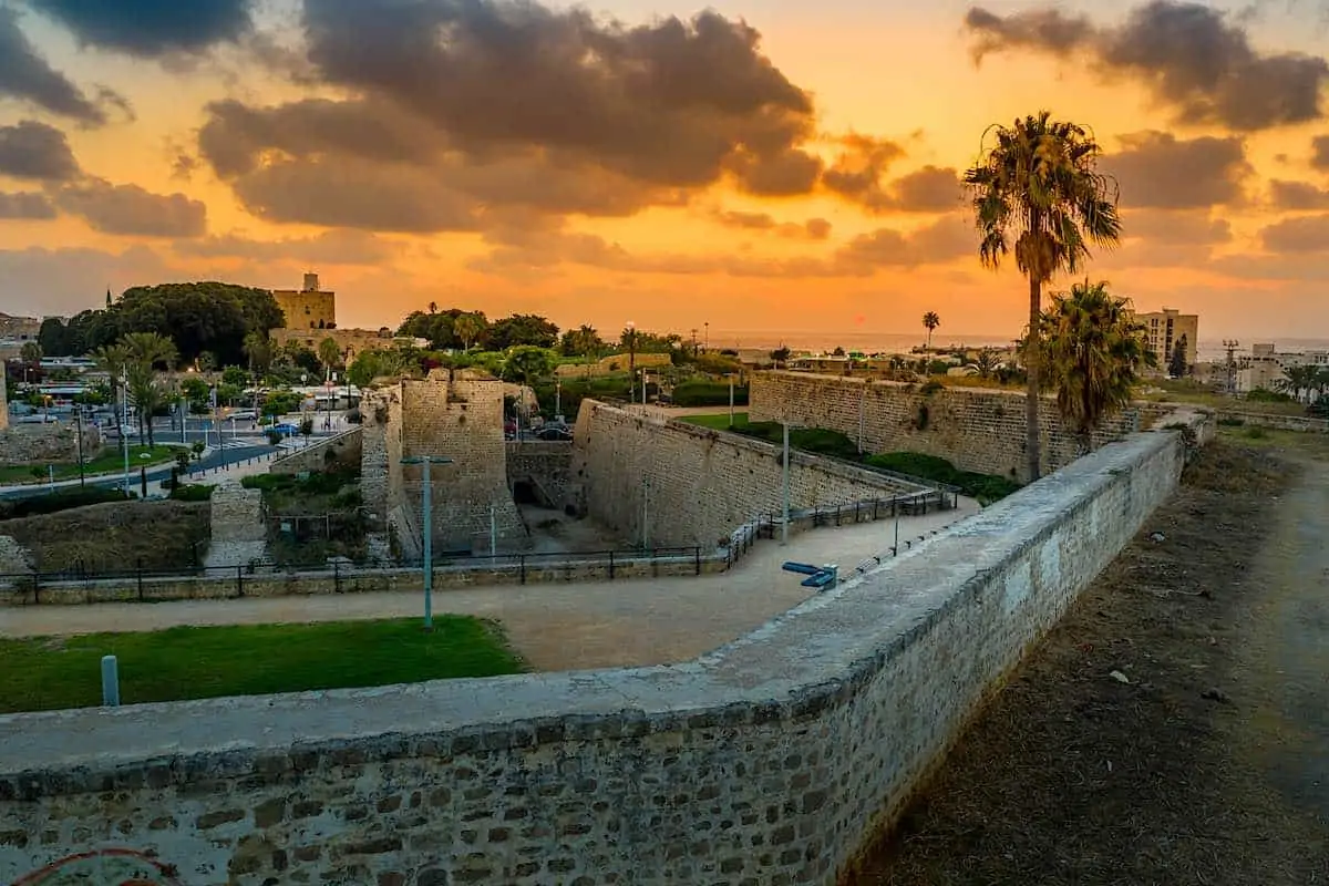 Sunset over the boardwalk in Acre, Israel