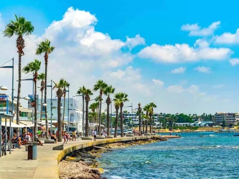 Beautiful harbour with palm trees and promenade in Paphos Crete.